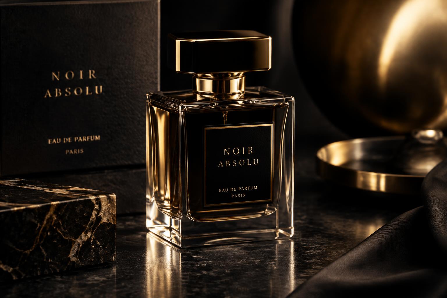 Dark luxury product still life lit with champagne rim light