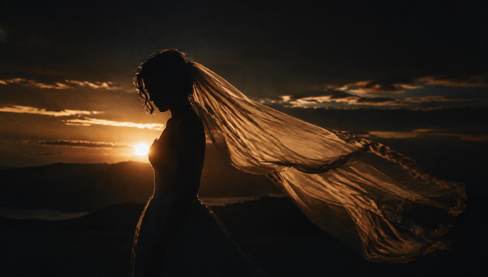 Bride's veil catching the last light of sunset